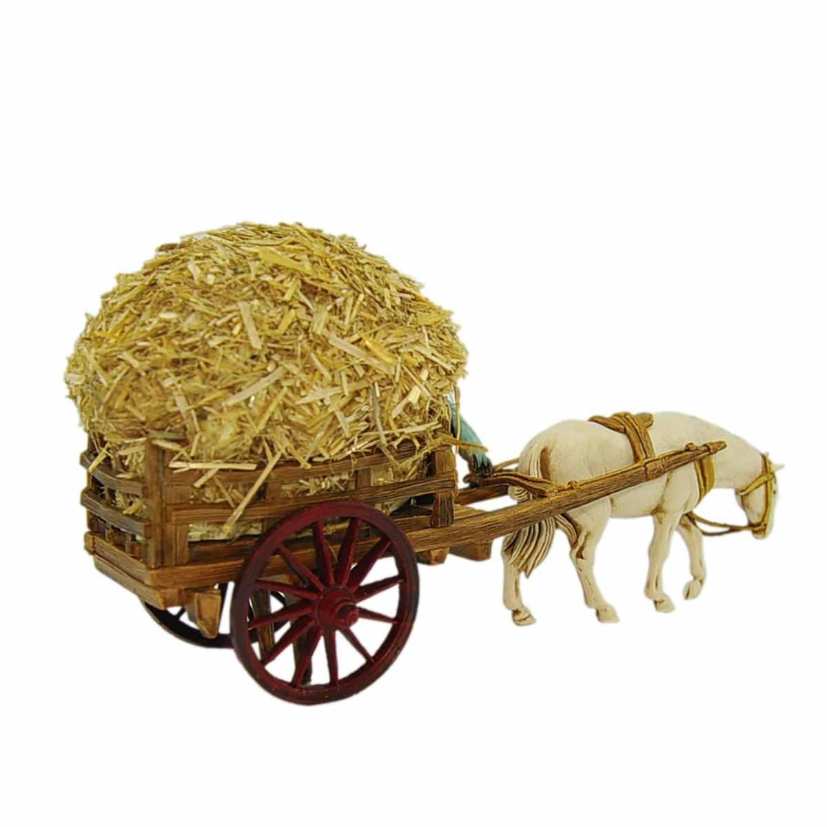Statua presepe 10 cm uomo con carro cavallo fieno