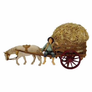 Statua presepe 10 cm uomo con carro cavallo fieno