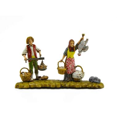 Statua cm.10 Contadino con Bilancia e Donna con Pollo | Moranduzzo